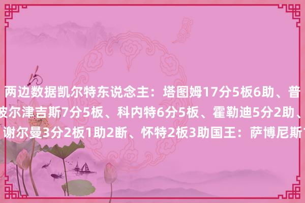 两边数据凯尔特东说念主：塔图姆17分5板6助、普理查德14分1板1助、波尔津吉斯7分5板、科内特6分5板、霍勒迪5分2助、杰伦-布朗4分1板、谢尔曼3分2板1助2断、怀特2板3助国王：萨博尼斯10分10板1助、穆雷10分3板2断、德罗赞8分1板7助、埃利斯7分1板1助2断、富尔茨6分1板1助、拉文4分3板1助、瓦兰丘纳斯4分3板1助、拉拉维亚2分2断、莱尔斯2板    体育录像/图片