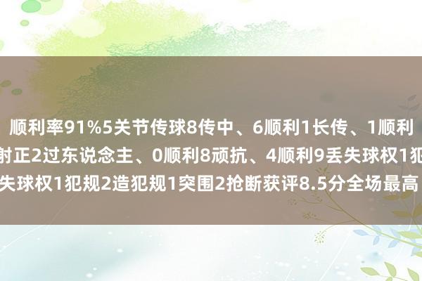 顺利率91%5关节传球8传中、6顺利1长传、1顺利1制造首要契机2射门、1射正2过东说念主、0顺利8顽抗、4顺利9丢失球权1犯规2造犯规1突围2抢断获评8.5分全场最高    体育录像/图片