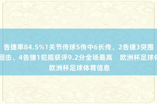 告捷率84.5%1关节传球5传中6长传、2告捷3突围3抢断7回击、4告捷1犯规获评9.2分全场最高    欧洲杯足球体育信息